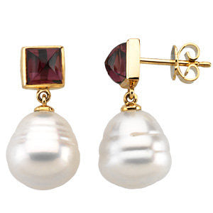 14k White Gold South Sea Cultured Pearl & Rhodolite Garnet Earrings