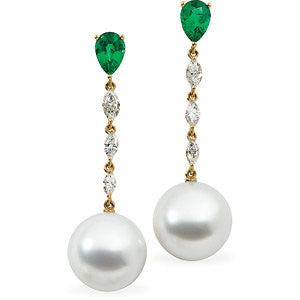 18k Yellow Gold South Sea Cultured Pearl, Genuine Emerald & Diamond Earrings