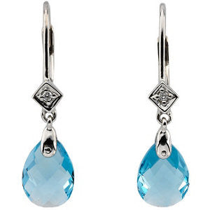 14k White Gold Swiss Blue Topaz & .025 CTW Diamond Earrings