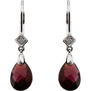 14k White Gold 10x7mm Briolette Brazilian Garnet & .025 CTW Diamond Earrings