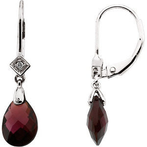 14k White Gold 10x7mm Briolette Brazilian Garnet & .025 CTW Diamond Earrings