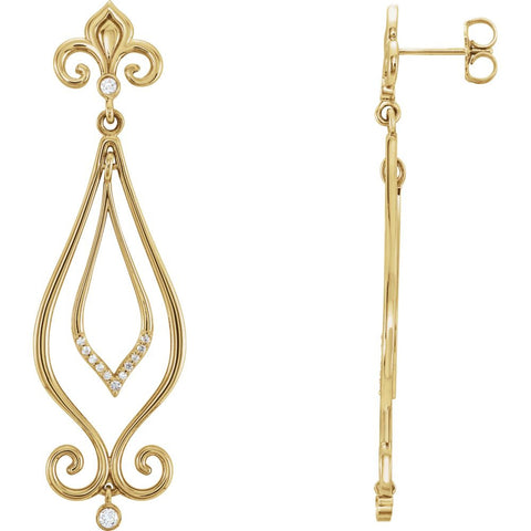 14k Yellow Gold 1/6 CTW Diamond Scroll Dangle Earrings