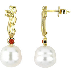 18k Yellow Gold 3mm Coral & 11mm South Sea Cultured Pearl Earrings
