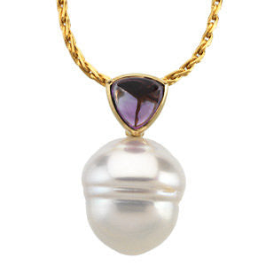 14k Yellow Gold 6mm Amethyst & 12mm South Sea Cultured Pearl Pendant