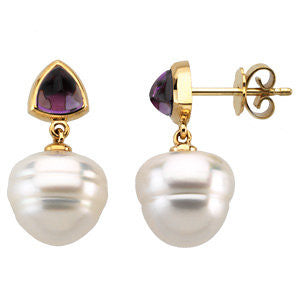14k White Gold 6mm Amethyst & 11mm South Sea Cultured Pearl Earrings