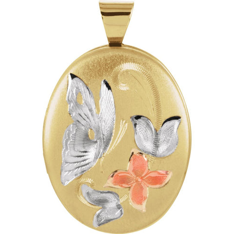 14k Yellow Gold Oval Butterfly & Flowers Locket with Epoxy
