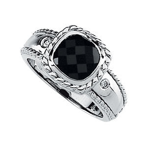 14k White Gold Onyx & Diamond Accented Rope Design Ring, Size 7