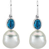 Elegant and Stylish Pair of 07.00X05.00 MM and 11.00 MM South Sea Cultured Pearl Genuine London Blue Topaz Earrings in 14K White Gold, 100% Satisfaction Guaranteed.