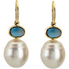 Elegant and Stylish Pair of 07.00X05.00 MM and 11.00 MM South Sea Cultured Pearl Genuine London Blue Topaz Earrings in 14K Yellow Gold, 100% Satisfaction Guaranteed.