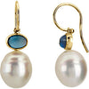 Elegant and Stylish Pair of 08.00X06.00 MM and 12.00 MM South Sea Cultured Pearl Genuine London Blue Topaz Earrings in 14K White Gold, 100% Satisfaction Guaranteed.