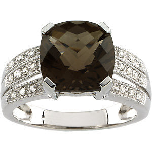14k White Gold 1/10 CTW Diamond & 10x10mm Smoky Quartz Ring, Size 7