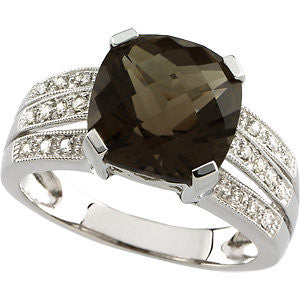 14k White Gold 1/10 CTW Diamond & 10x10mm Smoky Quartz Ring, Size 7