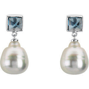 14k White Gold Square London Blue Topaz Dangle Earrings