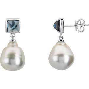 14k White Gold Square London Blue Topaz Dangle Earrings