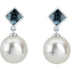 Elegant and Stylish Pair of 05.00 MM and 11.00 MM South Sea Cultured Pearl and Genuine London Blue Topaz Earrings in 14K White Gold, 100% Satisfaction Guaranteed.