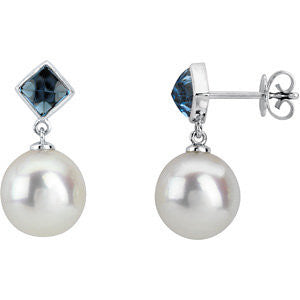 14k White Gold Square London Blue Topaz Dangle Earrings