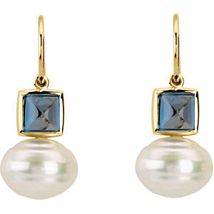 14k Yellow Gold Square London Blue Topaz Dangle Earrings