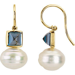 14k Yellow Gold Square London Blue Topaz Dangle Earrings