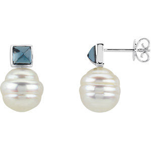 Elegant and Stylish Pair of 05.00 MM and 11.00 MM South Sea Cultured Pearl and Genuine London Blue Topaz Earrings in 14K Yellow Gold, 100% Satisfaction Guaranteed.