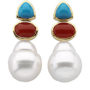 14k Yellow Gold South Sea Cultured Circlé Pearl, Genuine Turquoise & Genuine Red Coral Earrings