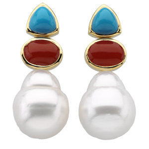 14k White Gold South Sea Cultured Circlé Pearl, Genuine Turquoise & Genuine Red Coral Earrings