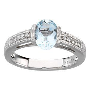 14k White Gold Aquamarine & 1/10 CTW Diamond Ring , Size 7