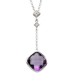 14k White Gold Checkerboard Amethyst & .04 CTW Diamond 18" Necklace