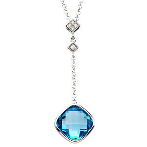 14k White Gold Checkerboard Swiss Blue Topaz & .04 CTW Diamond Necklace