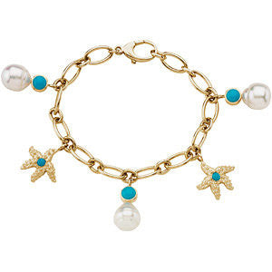 14k Yellow Gold Paspaley South Sea Cultured Pearl & Genuine Turquoise Charm Bracelet