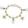 Elegant and Stylish 11.00 MM and 06.00 MM and 03.50 MM South Sea Cultured Pearl and Genuine Turquoise Charm Bracelet in 14K Yellow Gold, 100% Satisfaction Guaranteed.