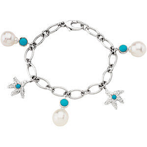 14k Yellow Gold Paspaley South Sea Cultured Pearl & Genuine Turquoise Charm Bracelet