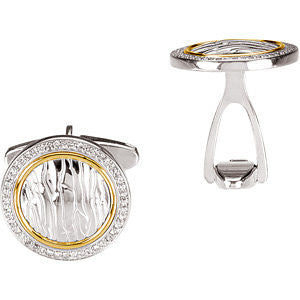 Sterling Silver & 14k Yellow Gold Diamond Round Shape Elephant Skin Design Cuff Links