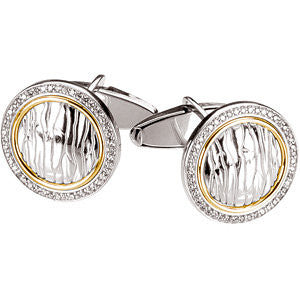 Sterling Silver & 14k Yellow Gold Diamond Round Shape Elephant Skin Design Cuff Links