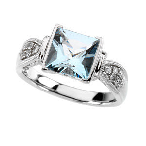 14k White Gold Aquamarine & 1/8 CTW Diamond Ring, Size 7