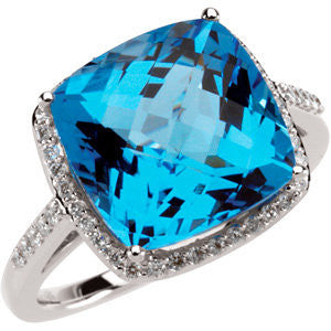 14k White Gold Swiss Blue Topaz & 1/4 CTW Diamond Ring, Size 7