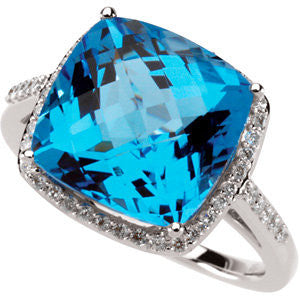 14k White Gold Swiss Blue Topaz & 1/4 CTW Diamond Ring, Size 7