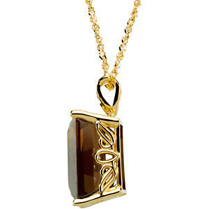 14k Yellow Gold 16x12mm Emerald Smoky Quartz Scroll Setting® 18" Necklace