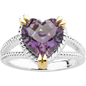 Sterling Silver & 14k Yellow Gold Heart Amethyst Rope Design Ring, Size 7