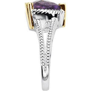 Sterling Silver & 14k Yellow Gold Heart Amethyst Rope Design Ring, Size 7
