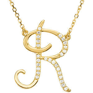 14k Yellow Gold Letter "R" 1/8 CTW Diamond Initial 17" Necklace