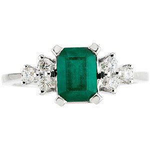 14k White Gold Genuine Emerald & Diamond Ring, Size 6