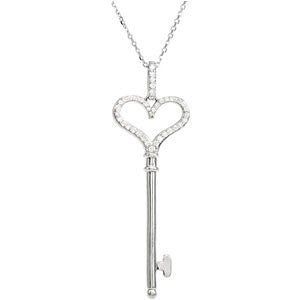 Sterling Silver Diamond Heart Key Pendant or Necklace