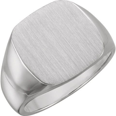 14k White Gold 16mm Men's Signet Ring with Brush Top Finish, Size 11