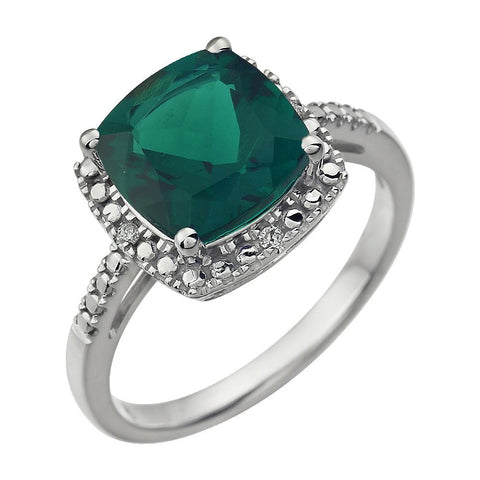 14k White Gold Created Emerald & .03 CTW Diamond Ring , Size 7