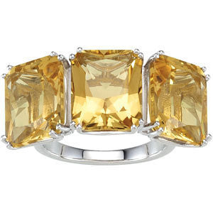 Sterling Silver Yellow Quartz 3-Stone Ring, Size 7