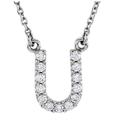 14k White Gold Letter "U" 1/8 CTW Diamond 16" Necklace