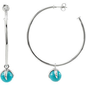 Sterling Silver 50mm Hoop Earrings with 10mm Turquoise Dangle