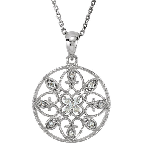 14k White Gold 1/8 CTW Diamond Filigree 18" Necklace