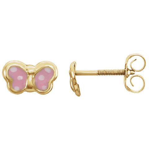 14k Yellow Gold Pink Enamel Butterfly Earrings