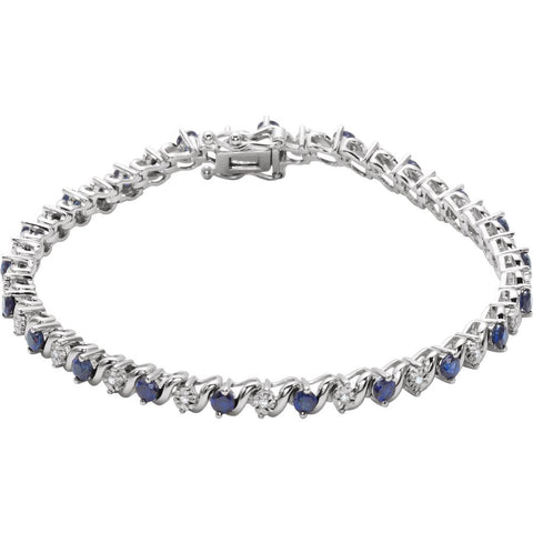 14k White Gold Lab-Grown Blue Sapphire & 1/10 CTW Diamond Line 7" Bracelet